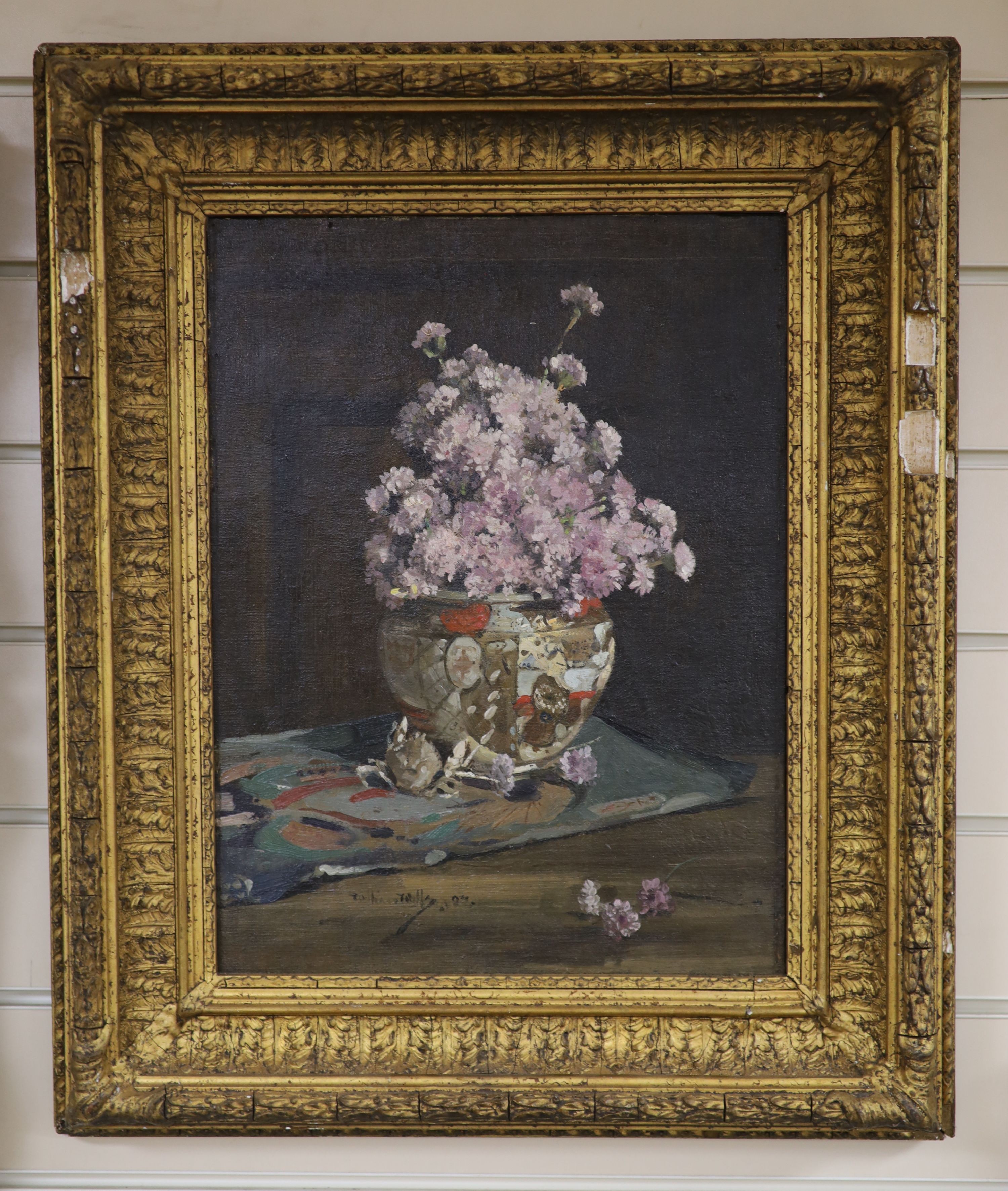 William Wills (19th C.), oil on canvas, Still life of flowers in a Satsuma bowl, signed and dated 04, 40 x 31cm.